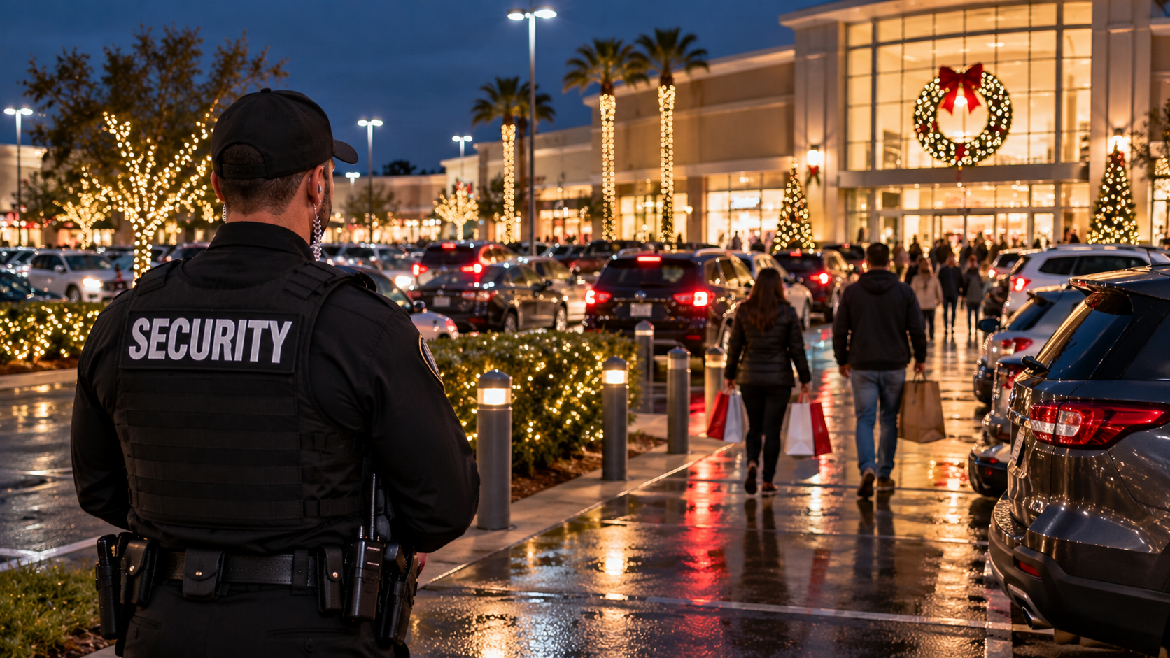 Security officer watching a busy shopping center parking lot during the holidays